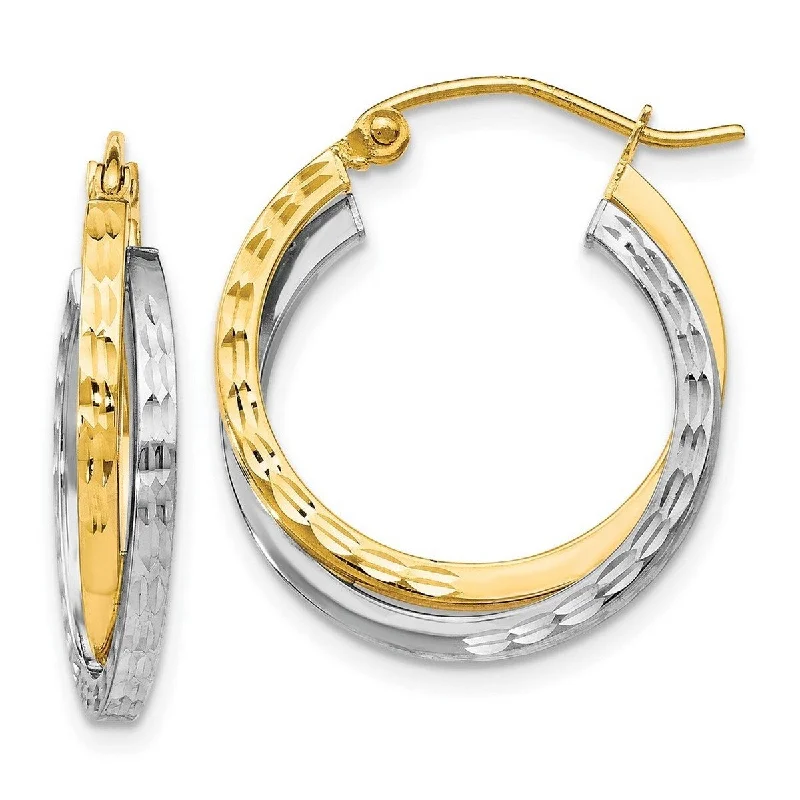 Curata 10k Two-Tone Gold Textured Hinged Double 4x23mm Hoop Earrings