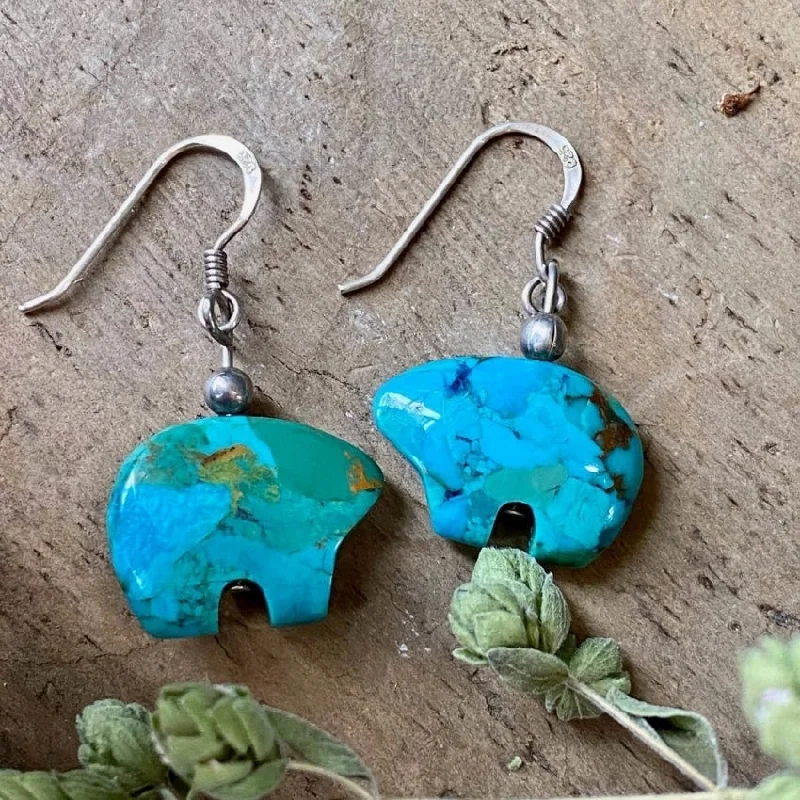 Vintage Carved Turquoise Zuni Bear Earrings Sterling Silver