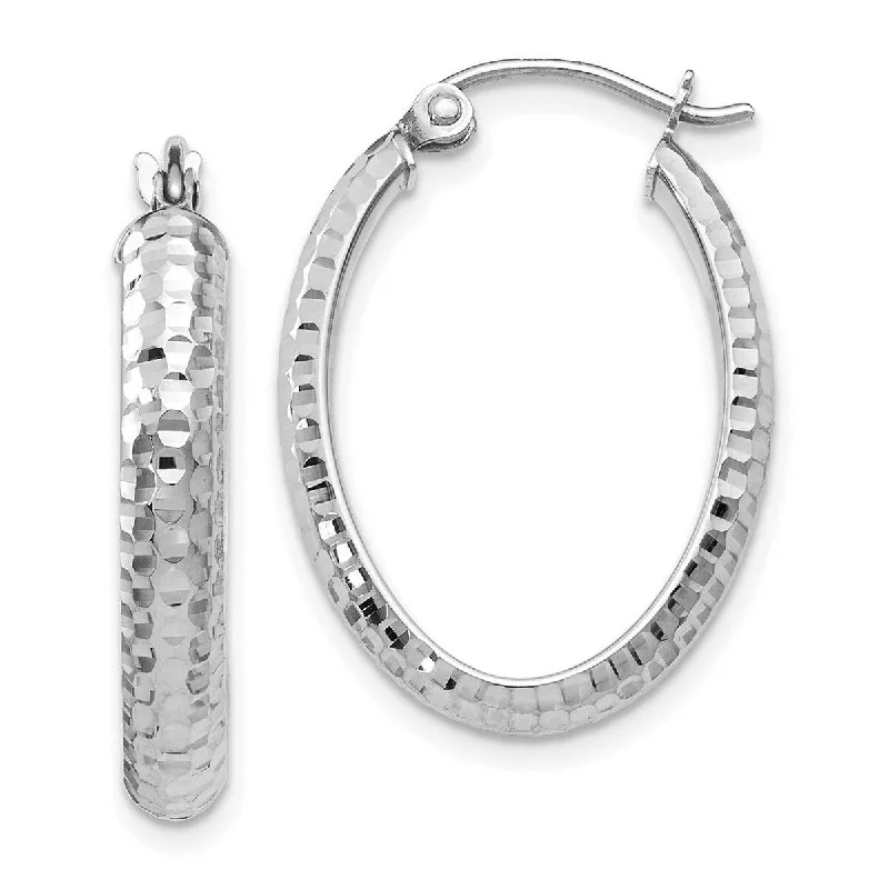 Curata 10k White Gold Diamond-Cut Oval 3.6x23mm Hinged Hoop Earrings