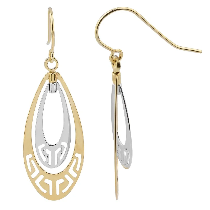 Fremada 14k Two-tone Gold Greek Key Teardrop Dangle Earrings