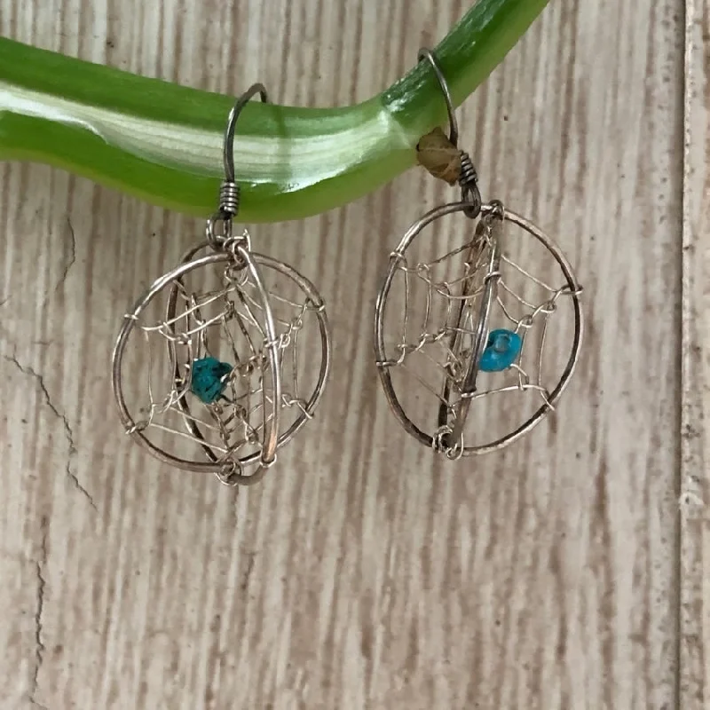 Double Dreamcatcher Earrings with Turquoise Nugget Beads Pierced Sterling