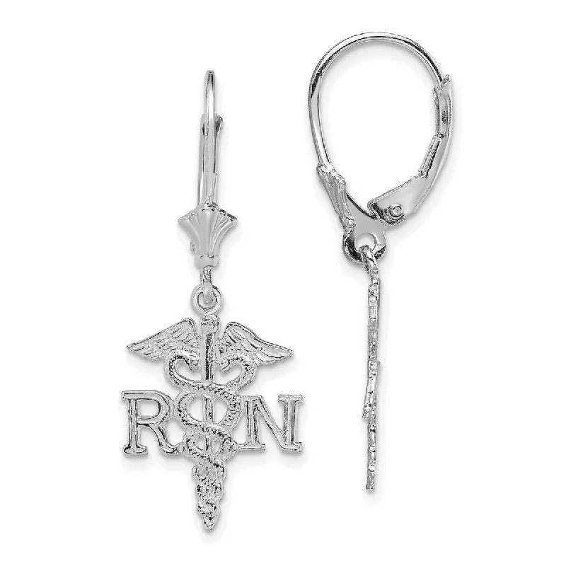 Curata 14k White Gold RN Caduceus Nurse Dangle Leverback Earrings 33.6x13.56mm