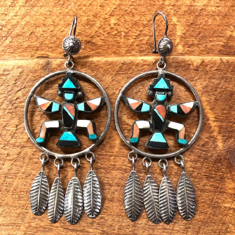 Large Zuni Sterling Silver Channel Inlay Knifewing Hoop Pierced  Earrings