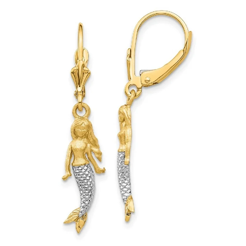 Curata 14k Yellow Gold White Rhodium Brushed And Polished Mermaid Earrings