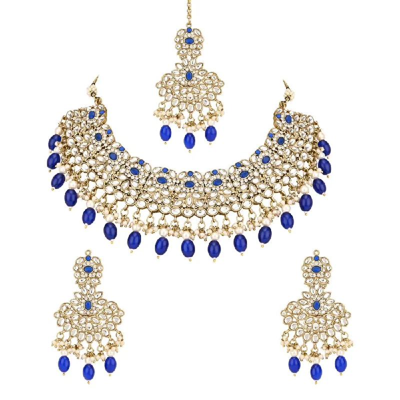 Etnico Gold Plated Traditional Kundan Pearl Drop Bridal Choker Necklace With Chandbali Earrings & Maang Tikka Jewellery Set For Women/Girls (K7257Bl)