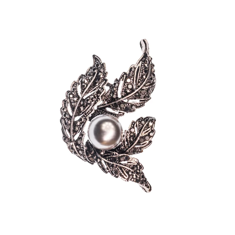 Dark Silver Pearl Studded Leaf Metal Brooch