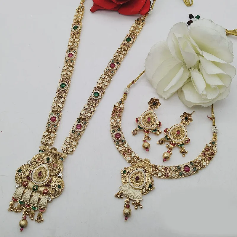 FS Collection Gold Plated Pota Stone Double Meenakari Necklace Set