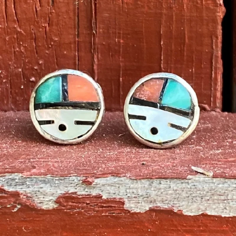 Tiny Zuni Sun God Pierced Stud Earrings Sterling Silver