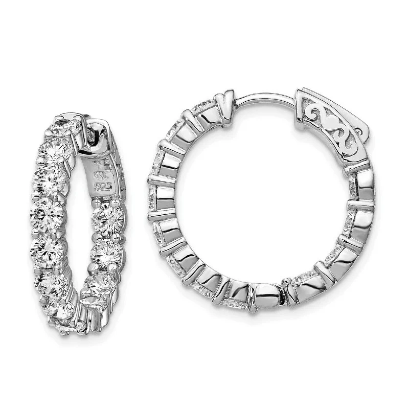 Curata 925 Sterling Silver Polished Safety clasp Rhodium Plated With CZ Cubic Zirconia Hinged Hoop Earrings