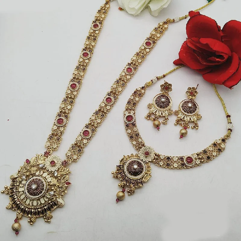 FS Collection Gold Plated Pota Stone Double Meenakari Necklace Set