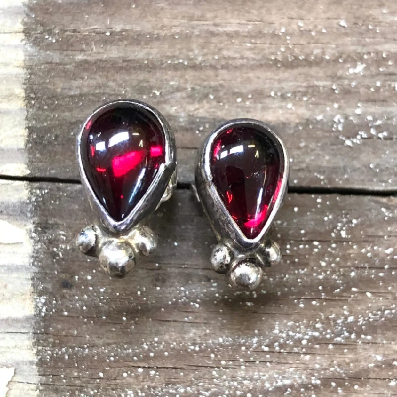 Vintage Sterling Silver Pierced Post Stud Earrings with Red Garnets