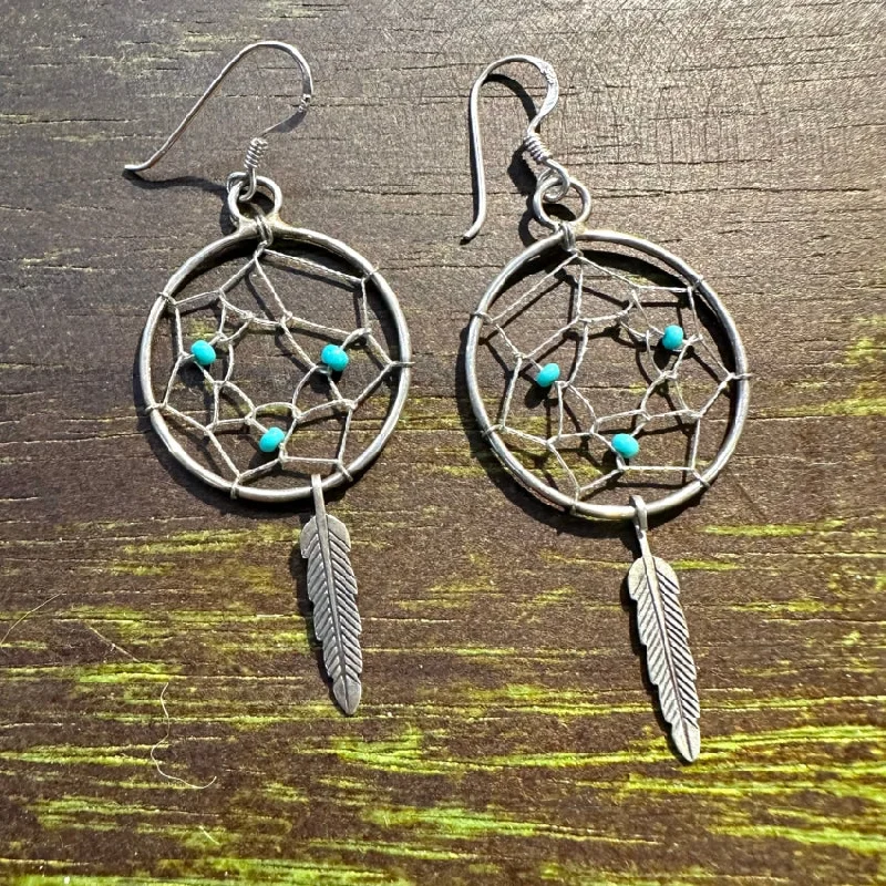 Vintage Sterling Silver Turquoise Dreamcatcher Earrings