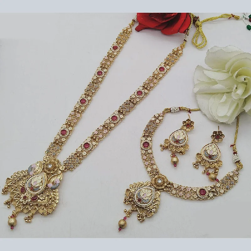 FS Collection Gold Plated Pota Stone Double Meenakari Necklace Set