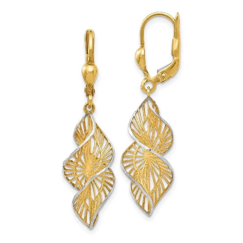 Curata 14k Yellow Gold Rhodium 40x10mm Textured Swirl Draped Leverback Earrings