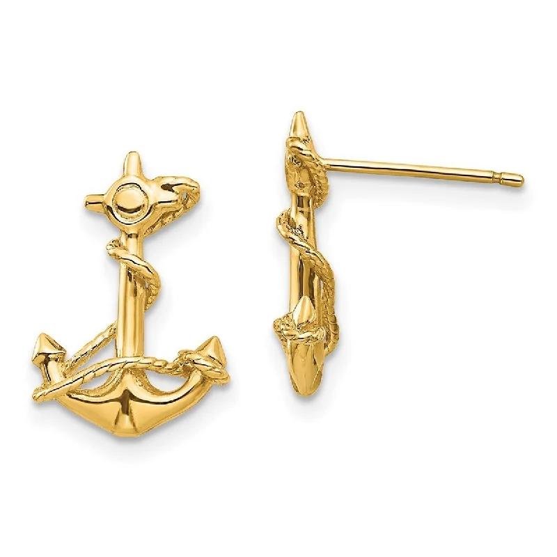 Curata 14k Yellow Gold Solid Polished 3 D Mariner Anchor with Rope Post Earrings 16x11mm