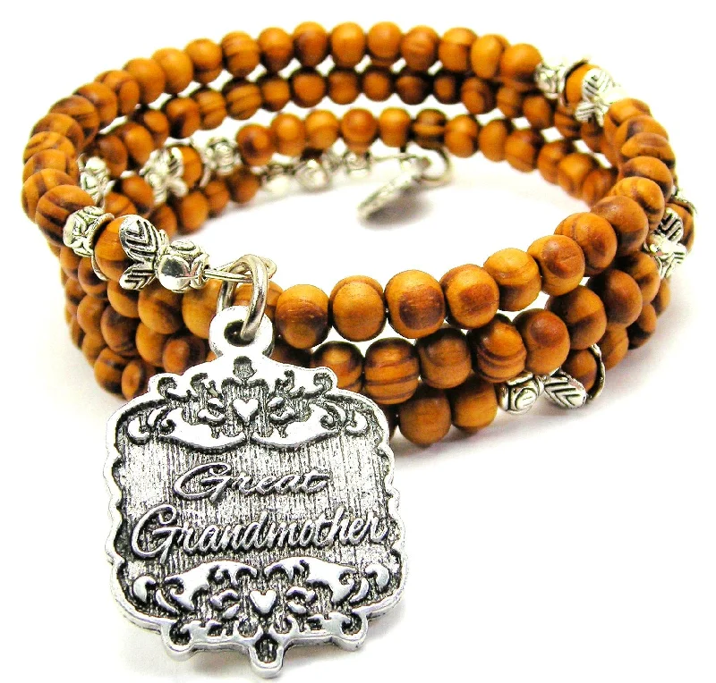 Great Grandmother Victorian Scroll Natural Wood Wrap Bracelet