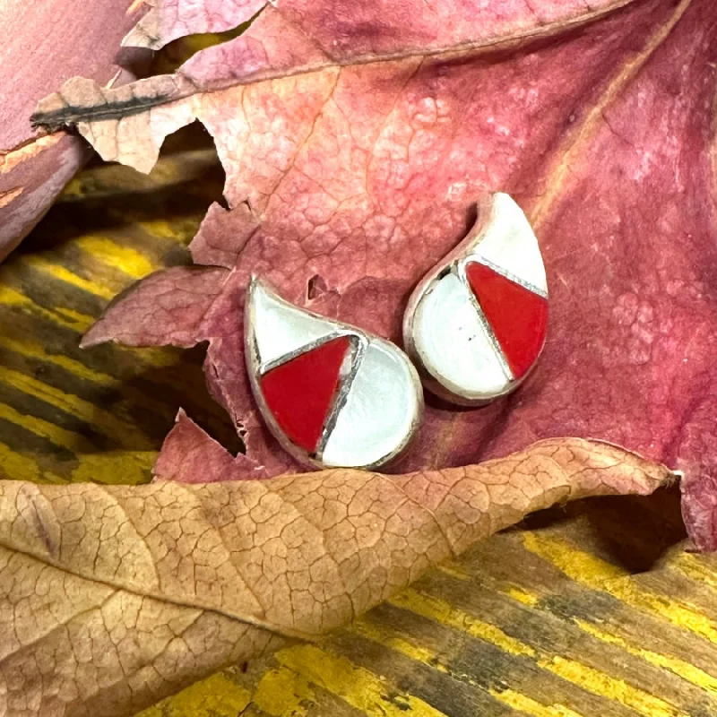 Vintage Sterling Silver Mother-of-Pearl Coral Pierced Stud Earrings