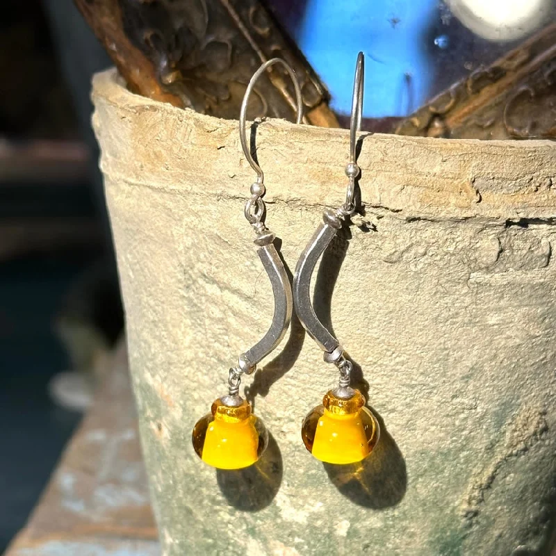 Vintage Sterling Silver Amber Glass Bead Earrings