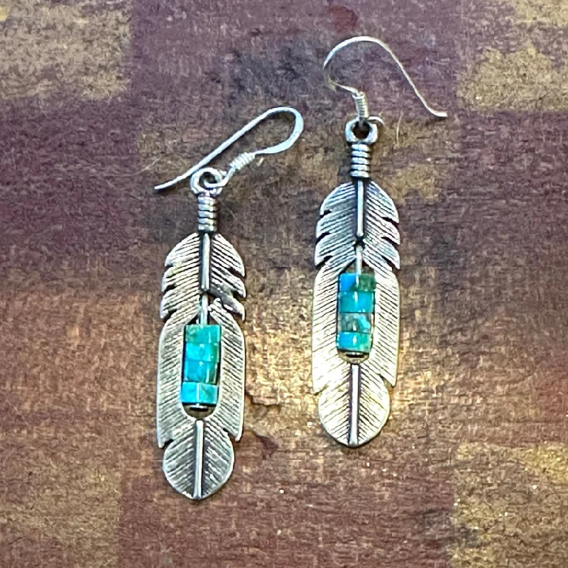 Southwestern Sterling Silver Turquoise Heishi Feather Earrings