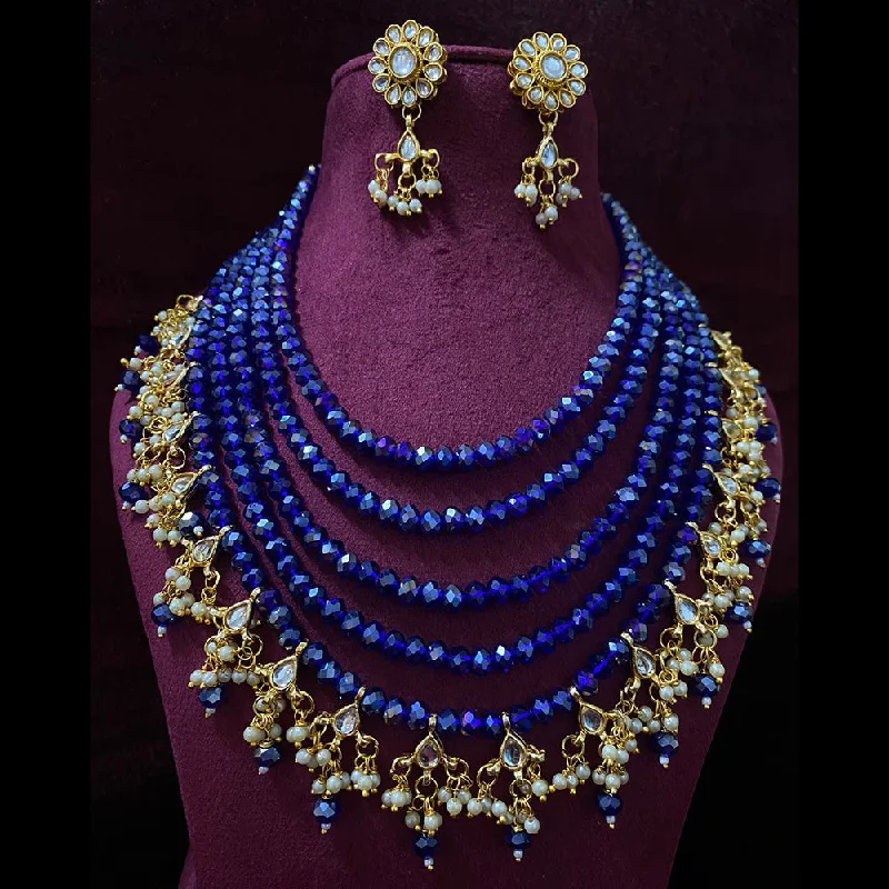 Shagna Gold Plated Crystal Stone Pearl And Beads Multi Layer Necklace Set