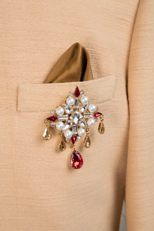 Quadrant Shaped Ruby Brooch with Pearl Drops