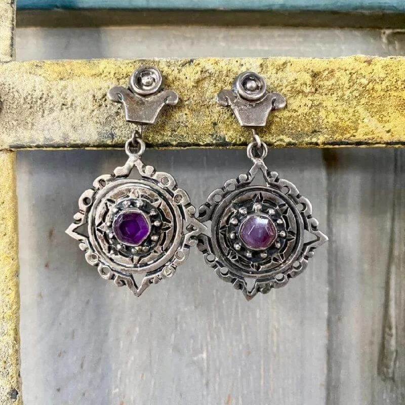 Vintage Mexican Azteca Sterling Silver and Amethyst Earrings