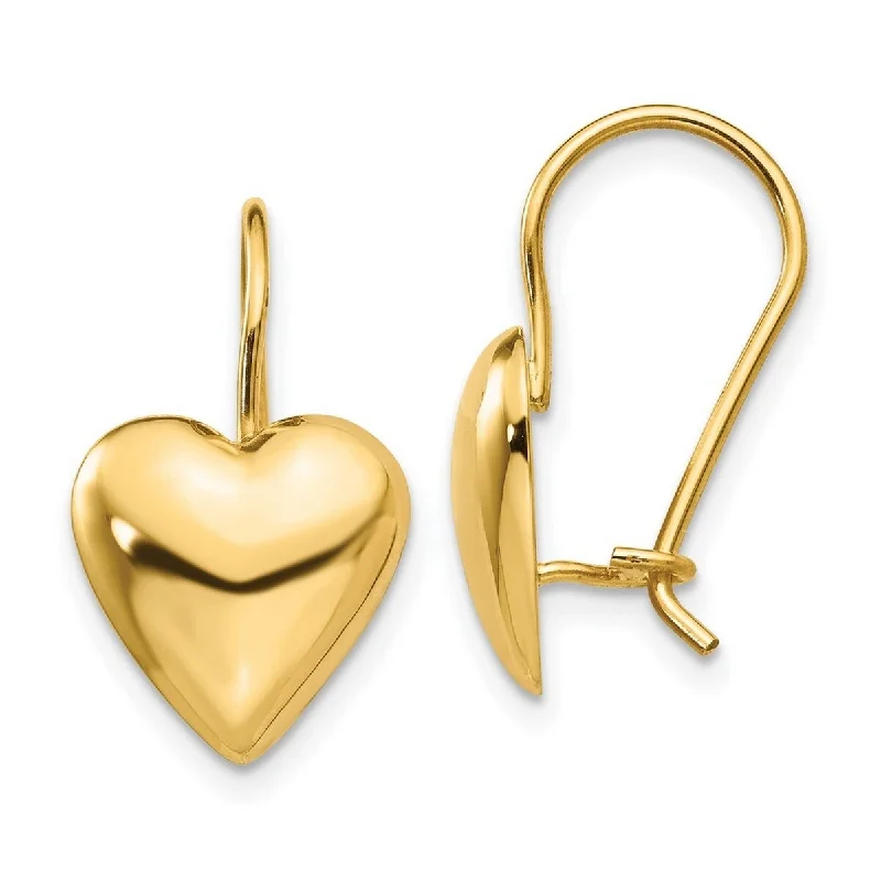 Curata 14k Yellow Gold Polished 11.5mm Puffed Love Heart Kidney Wire Earrings