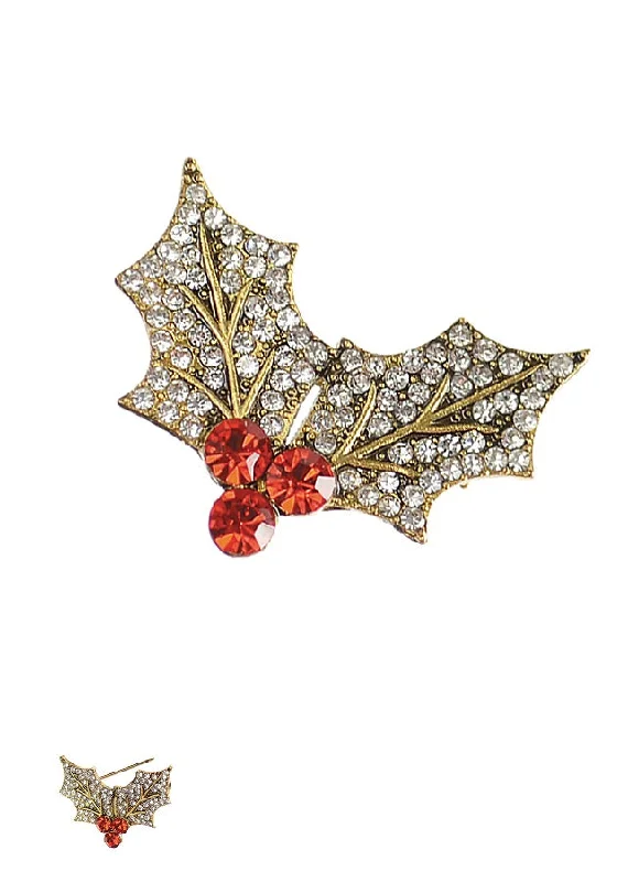 Hot Tomato Holly & Berry Brooch - Antique Gold with Clear & Red Crystals