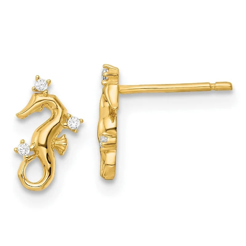 Curata 14k Yellow Gold Polished CZ Cubic Zirconia Seahorse Post Earrings - 9.45x5.4mm Wide