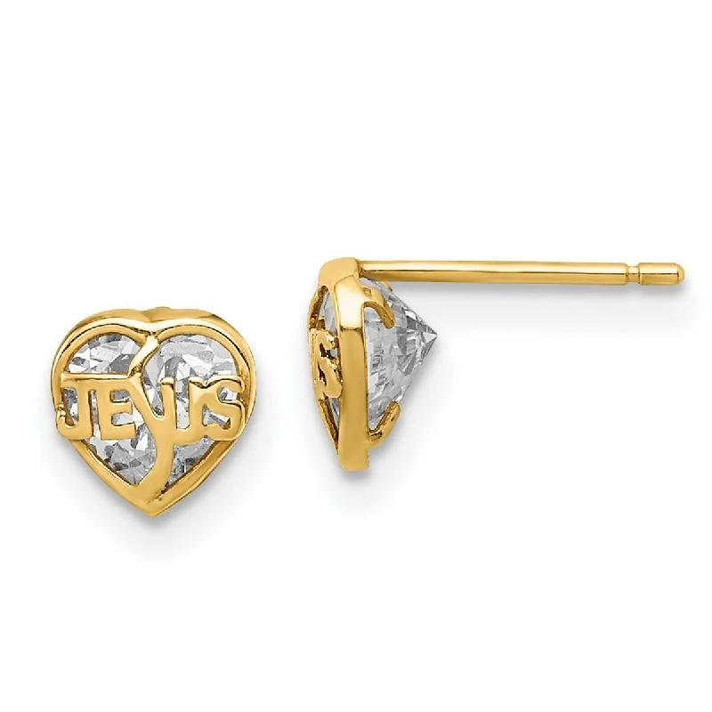 Curata 14k Yellow Gold CZ Cubic Zirconia Religious Faith Inspiration Jesus Love Heart Post Earrings