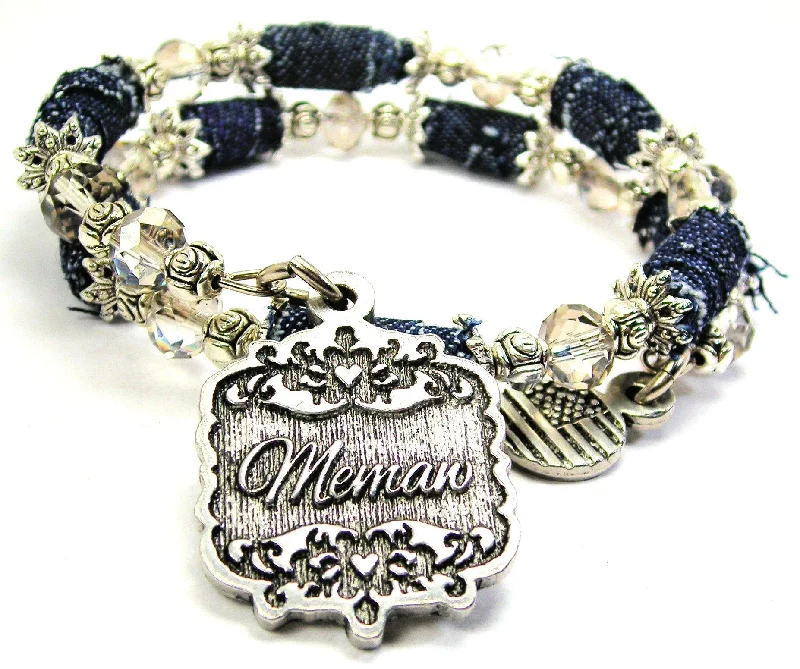 Memaw Victorian Scroll Blue Jean Beaded Wrap Bracelet