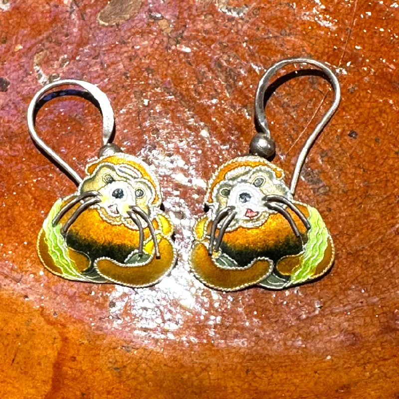 Sterling Silver Guilloche Enamel Sea Otter Pierced Earrings