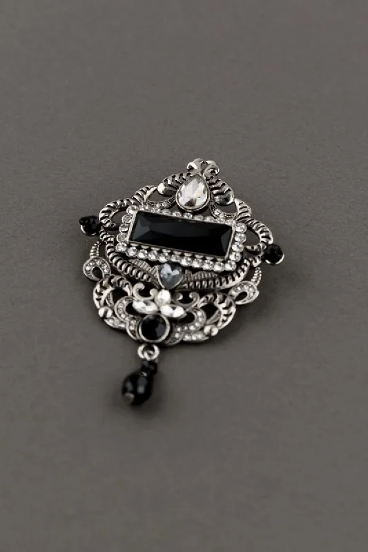 Silver Crystal Brooch with Black Crystals