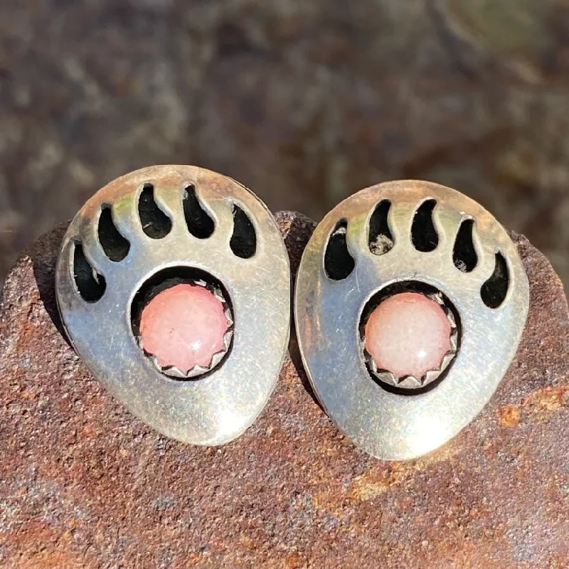 Vintage Navajo Shadowbox Bear Track Stud Earrings Rose Quartz