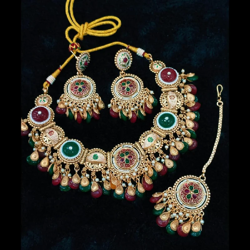 Everlasting Quality Jewels Gold Plated Pota Stone And Meenakari Necklace Set