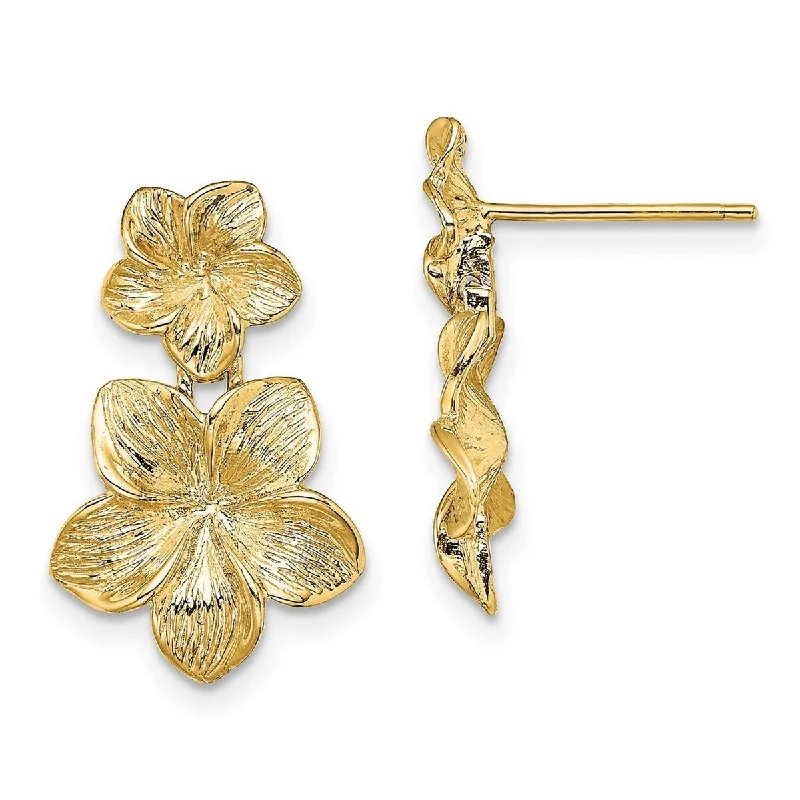 Curata 14k Yellow Gold Double Plumeria Flower Drop Post Earrings 20x12.7mm