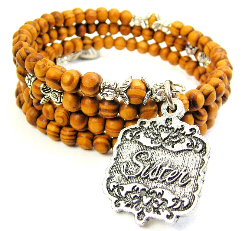 Sister Victorian Scroll Natural Wood Wrap Bracelet