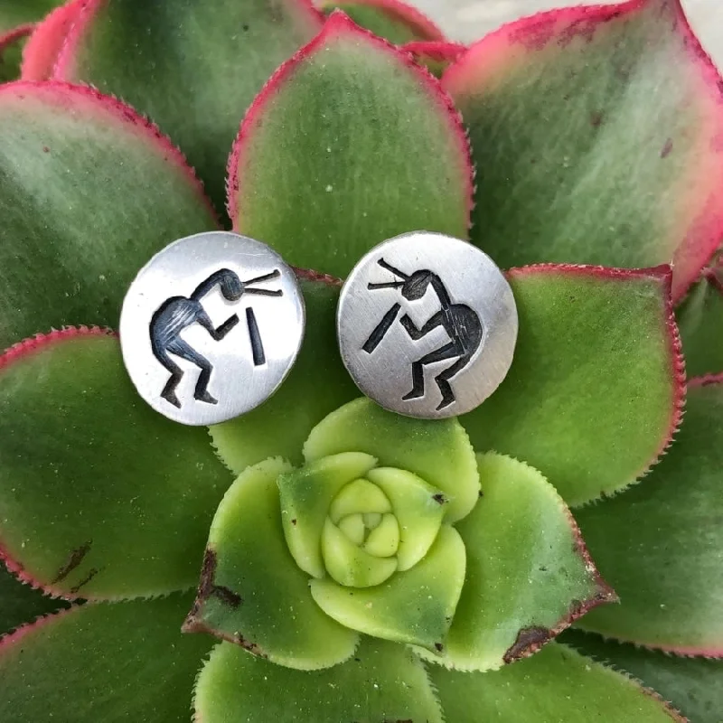 Hopi Silver Stud Earrings with Kokopelli in Overlay Sterling Pierced