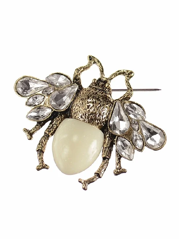 Hot Tomato Queen Bee Brooch in Antique Gold/Clear/Cream