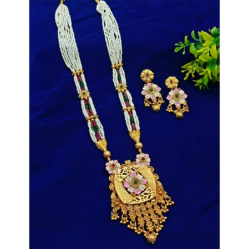 Gehana Mahal Gold Plated Pota Stone And Pearl Necklace Set