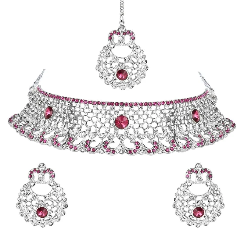 Etnico Silver Plated Traditional Design Stone Work Choker Necklace Jewellery Set With Chandbali Earring & Maang Tikka For Women/Girls (M4171ZWi)