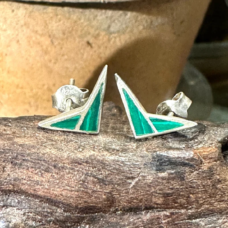 Vintage Sterling Silver Malachite Boomerang Stud Earrings