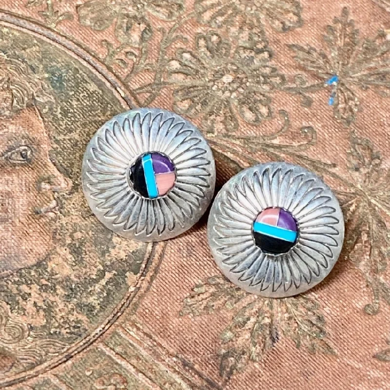 Vintage Southwestern Sterling Silver Concho Inlay Earrings