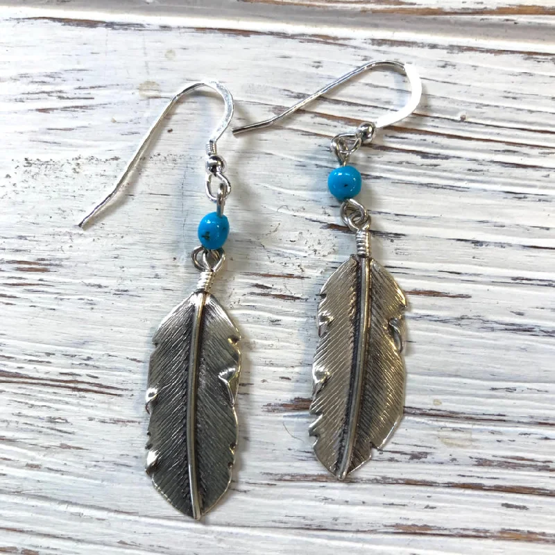 Vintage Navajo Sterling Silver Feather Earrings Turquoise Beads