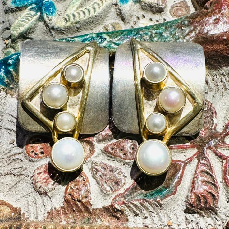 Vintage Artisan Sterling Silver Gold Plate Fresh Water Pearl Pierced Earrings