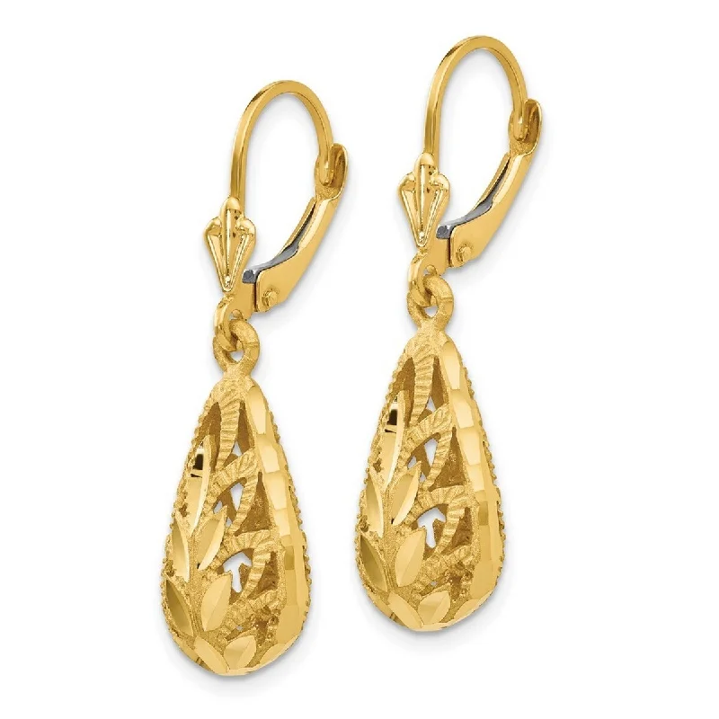 Curata 14k Yellow Gold Filigree Tear-drop Dangle Leverback Earrings 35x9mm