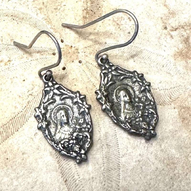 Vintage Time Worn Sterling Silver Sacred Mother Pierced Earrings