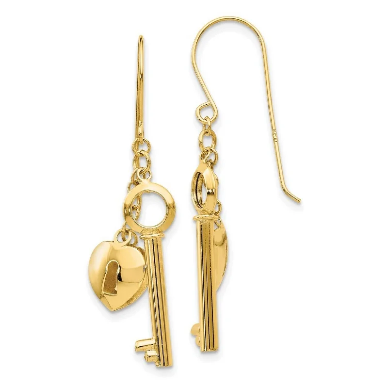 Curata 14k Yellow Gold Dangle Polished Hook Puff Love Heart Lock and Key Earrings (13mm x 38mm)