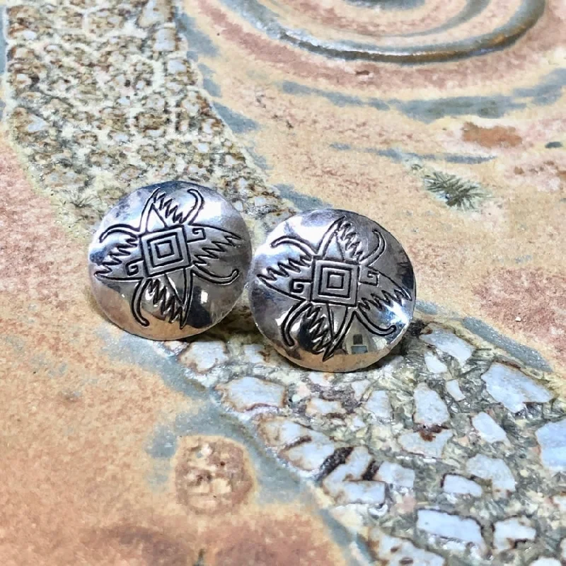 Stamp Decorated Button Earrings in Sterling Silver